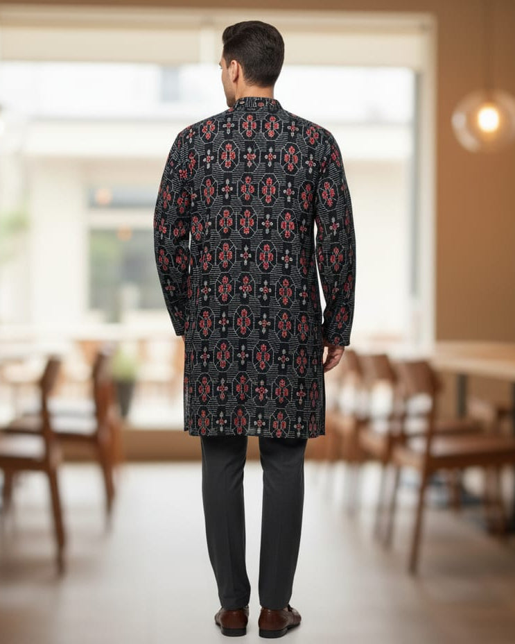 Black Flower Design Odisha Handloom Men Half Kurta