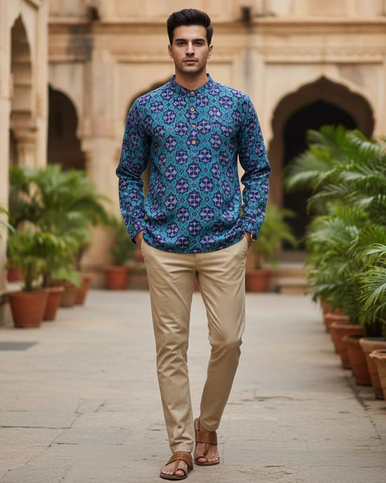 Blue Flower Design Odisha Handloom Men Half Kurta
