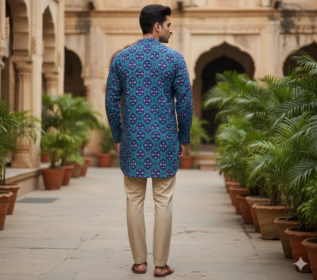 Blue Flower Design Odisha Handloom Men Half Kurta