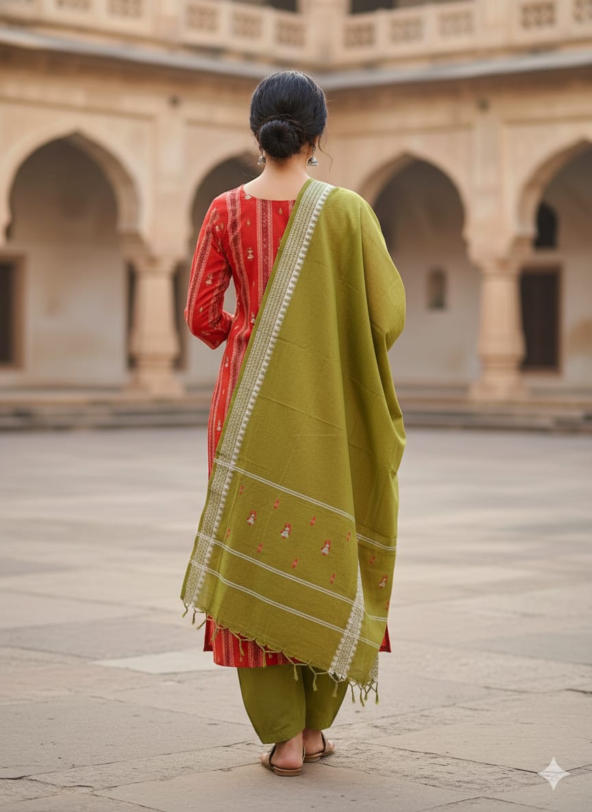 Red Mehendi Green Doll Design Handwoven Odisha Ikat Unstitched Dress Material Set (Top 2.5m, Dupatt2.5m, Bottom 2m)