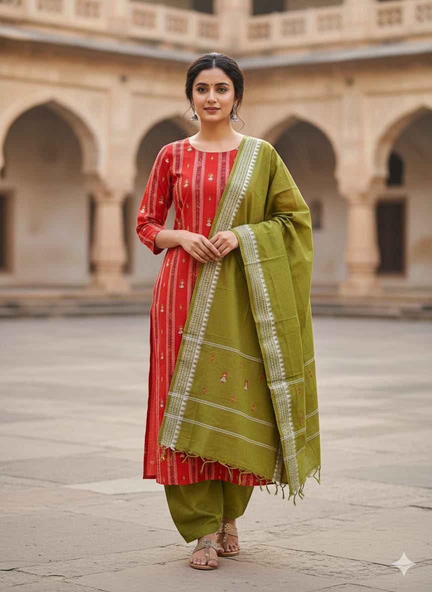 Red Mehendi Green Doll Design Handwoven Odisha Ikat Unstitched Dress Material Set (Top 2.5m, Dupatt2.5m, Bottom 2m)