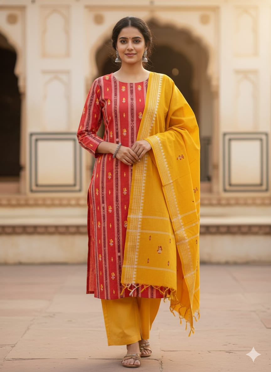 Maroon Yellow Doll Design Handwoven Odisha Ikat Unstitched Dress Material Set (Top 2.5m, Dupatt2.5m, Bottom 2m)