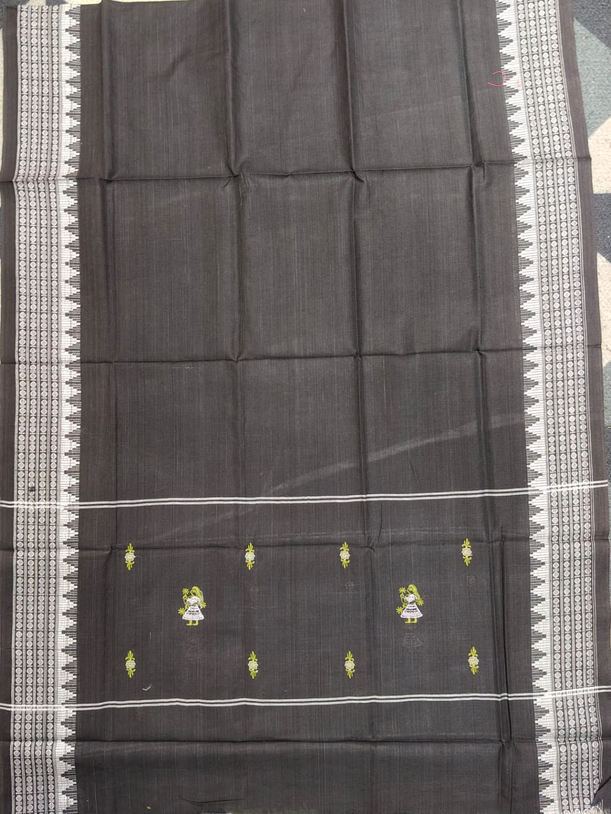 Mehendi Green Black Doll Design Handwoven Odisha Ikat Unstitched Dress Material Set (Top 2.5m, Dupatt2.5m, Bottom 2m)