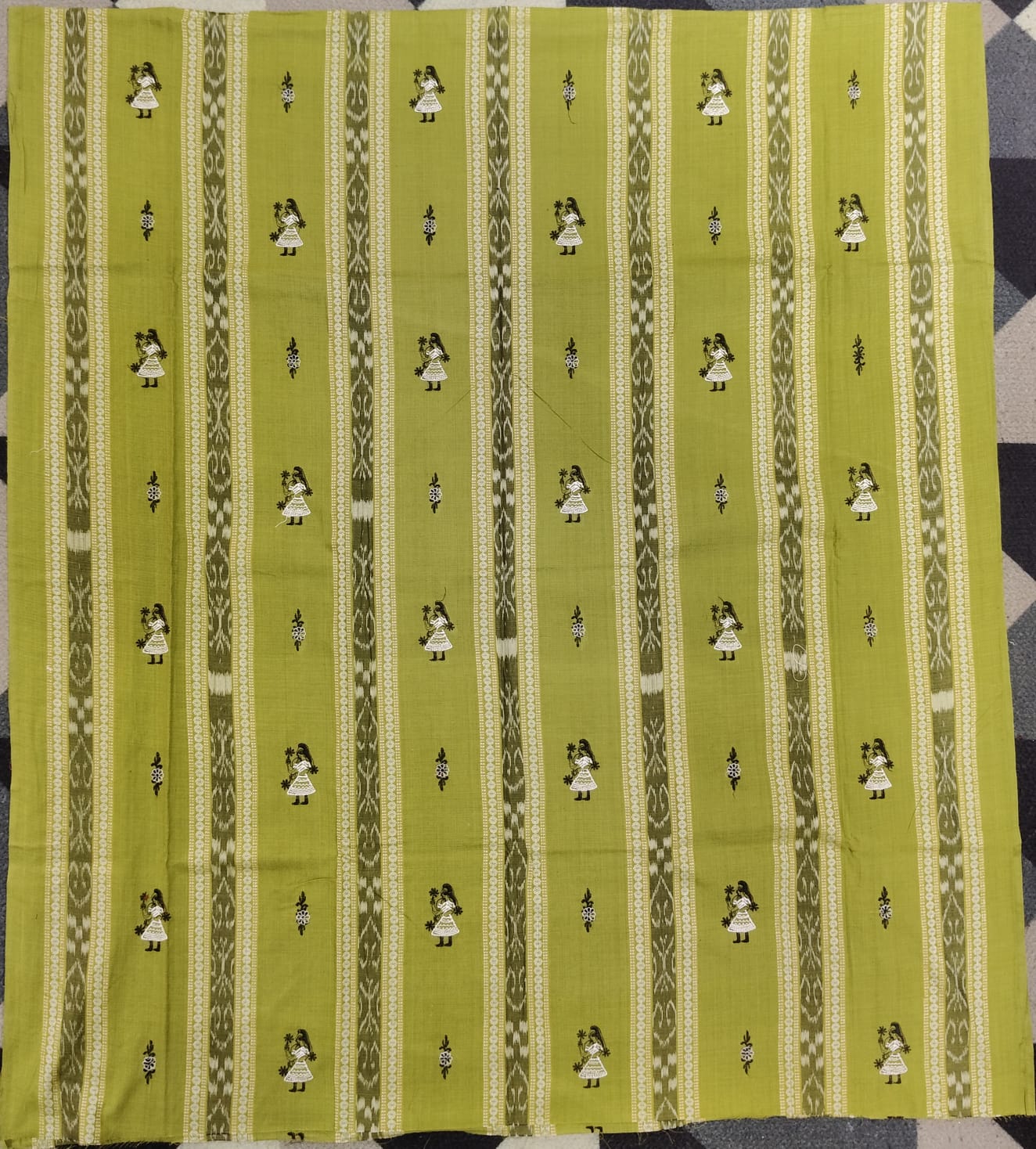 Mehendi Green Black Doll Design Handwoven Odisha Ikat Unstitched Dress Material Set (Top 2.5m, Dupatt2.5m, Bottom 2m)