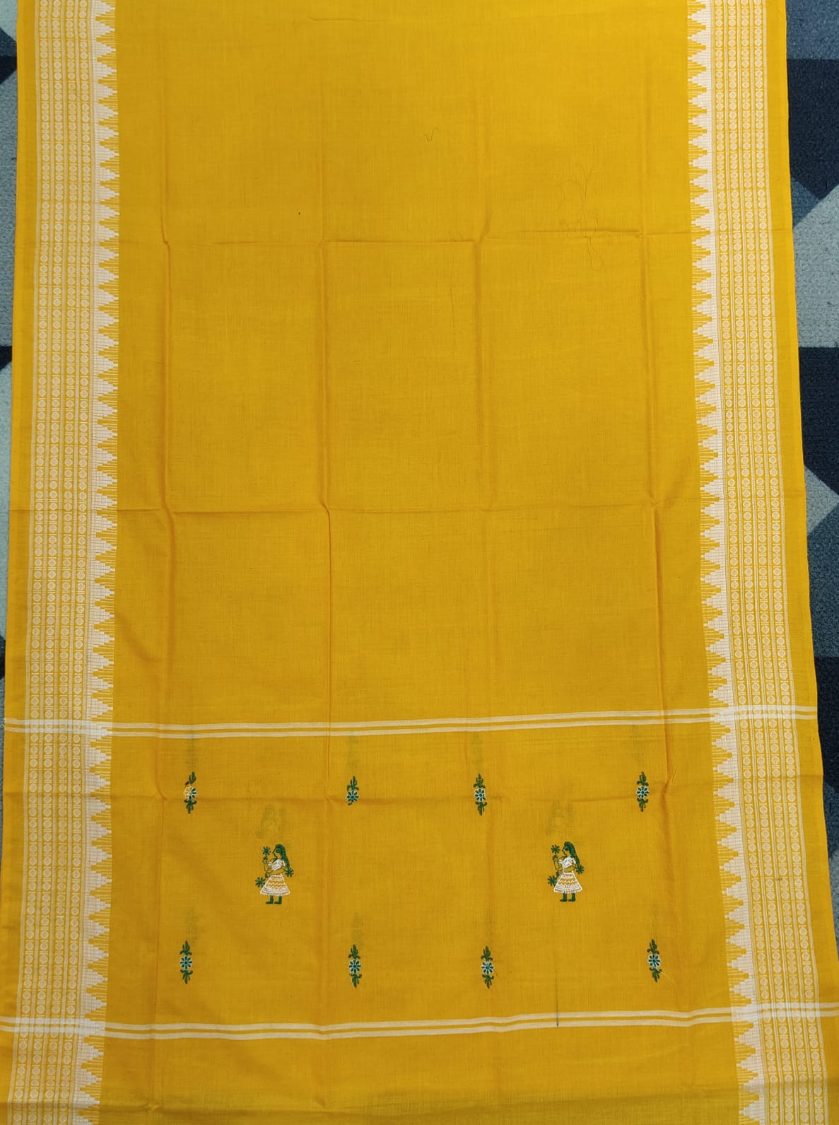 Green Yellow Doll Design Handwoven Odisha Ikat Unstitched Dress Material Set (Top 2.5m, Dupatt2.5m, Bottom 2m)