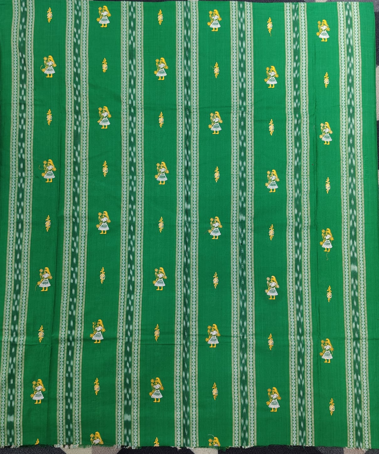 Green Yellow Doll Design Handwoven Odisha Ikat Unstitched Dress Material Set (Top 2.5m, Dupatt2.5m, Bottom 2m)