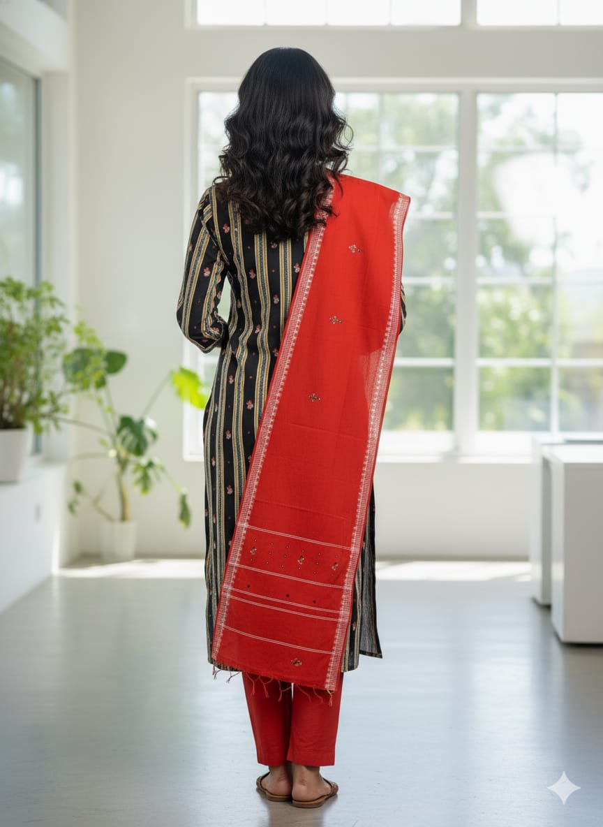 Black Red Doll Design Handwoven Odisha Ikat Unstitched Dress Material Set (Top 2.5m, Dupatt2.5m, Bottom 2m)