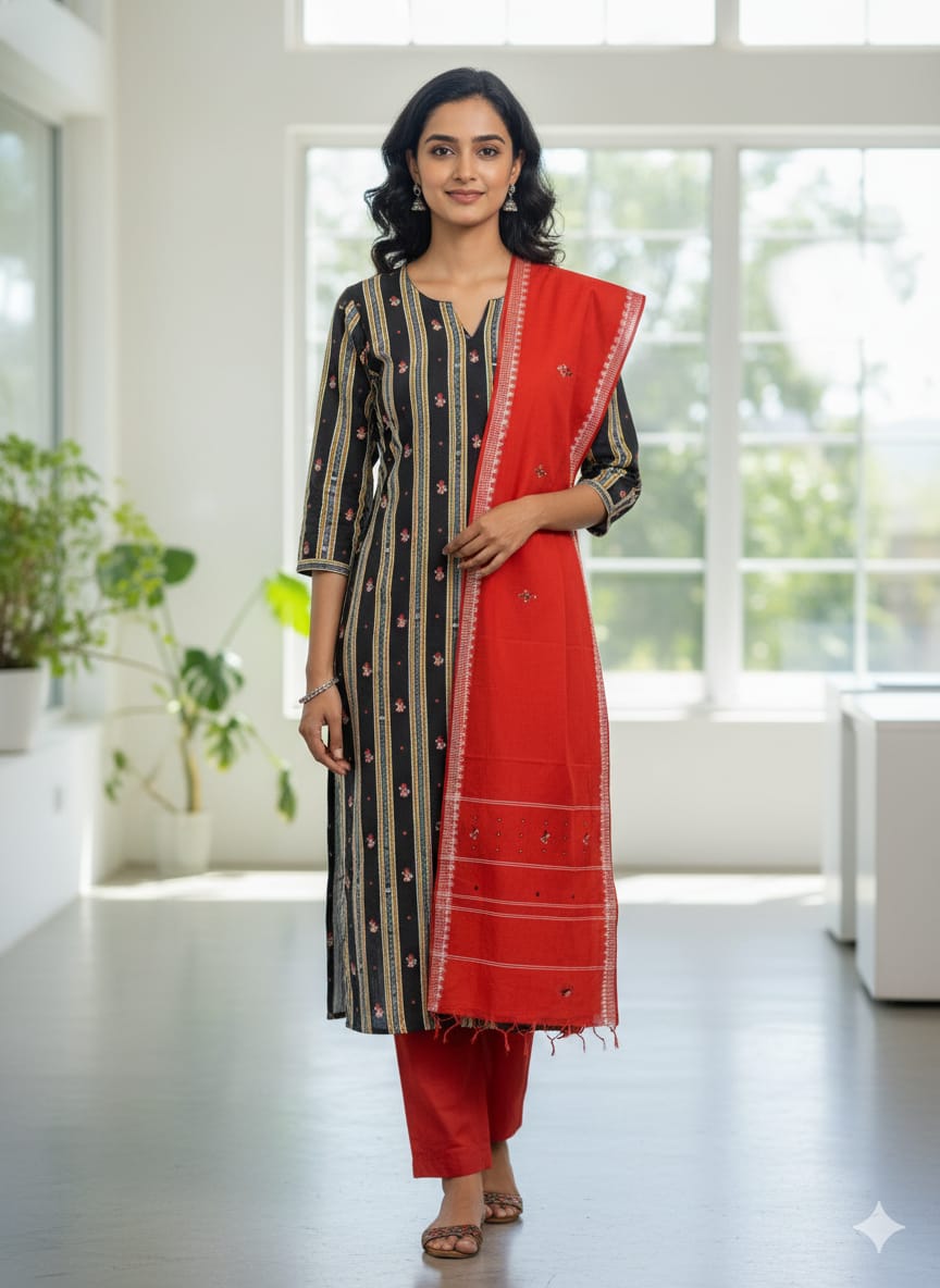 Black Red Doll Design Handwoven Odisha Ikat Unstitched Dress Material Set (Top 2.5m, Dupatt2.5m, Bottom 2m)