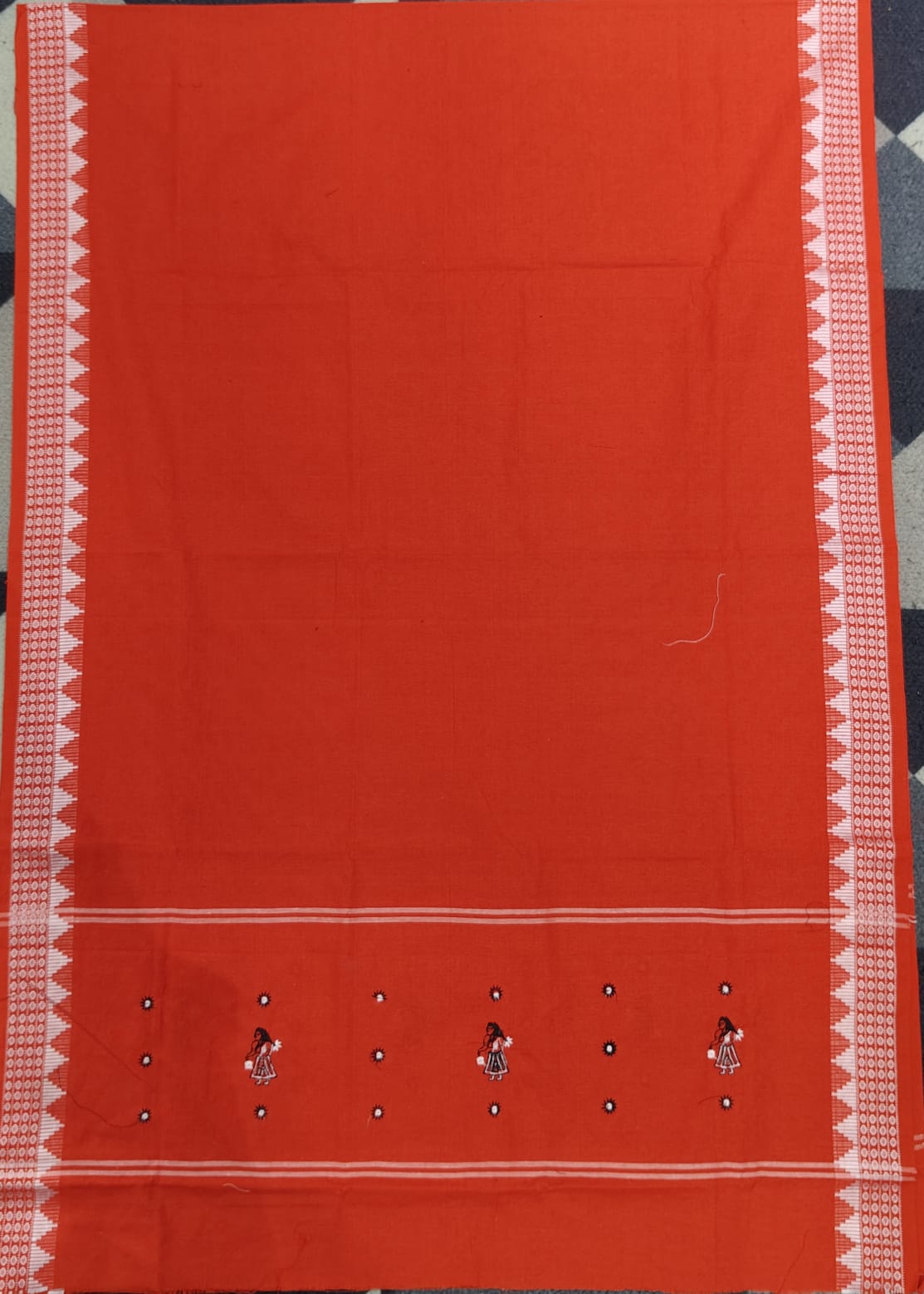 Black Red Doll Design Handwoven Odisha Ikat Unstitched Dress Material Set (Top 2.5m, Dupatt2.5m, Bottom 2m)