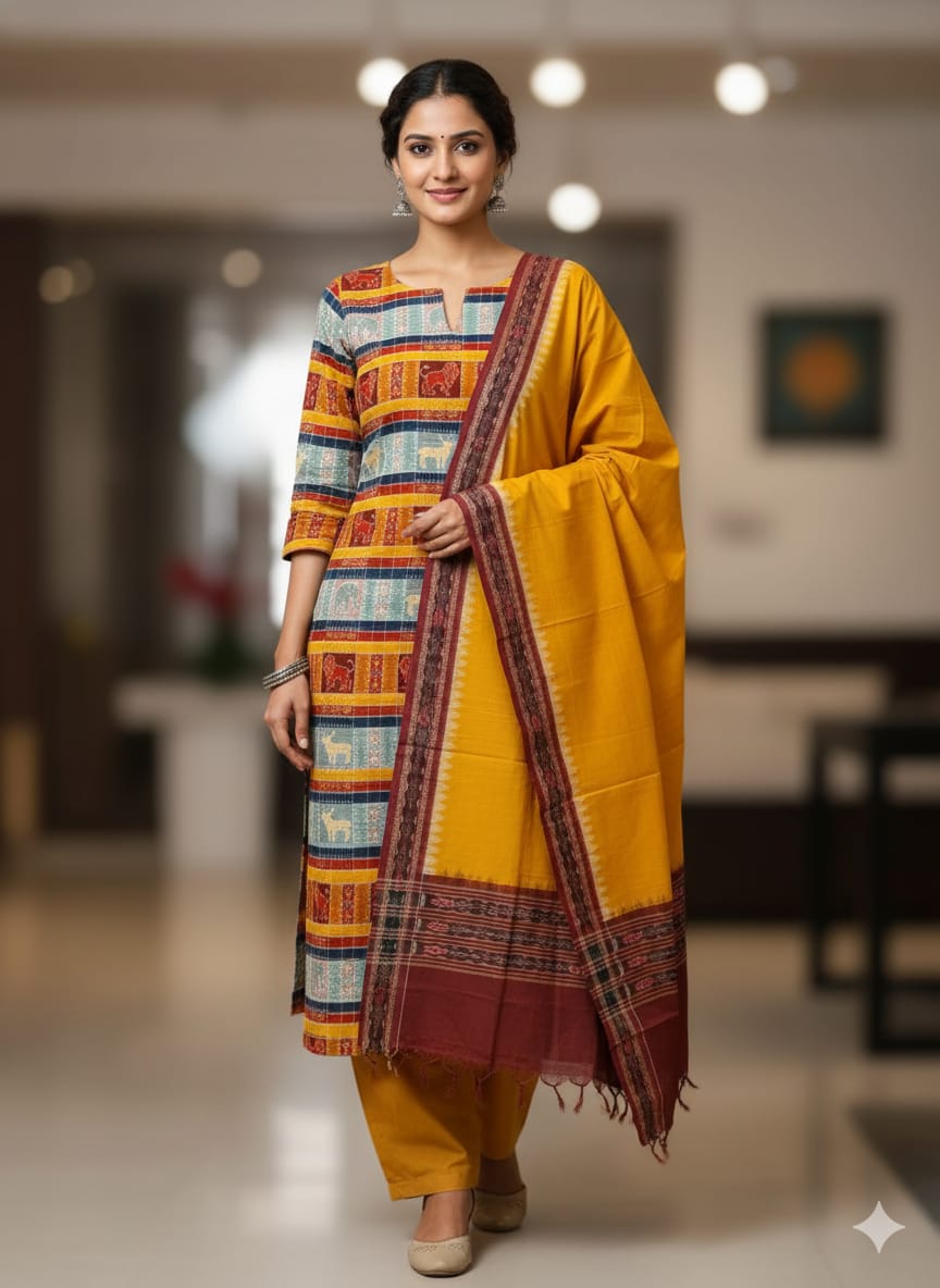 Yellow Grey Animal Handwoven Odisha Ikat Unstitched Dress Material Set (Top 2.5m, Bottom 2m, Dupatta 2.5m)