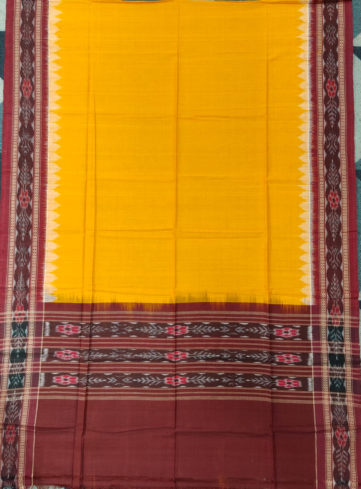 Yellow Grey Animal Handwoven Odisha Ikat Unstitched Dress Material Set (Top 2.5m, Bottom 2m, Dupatta 2.5m)