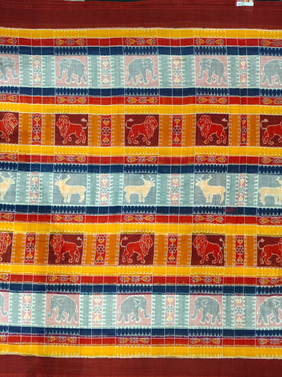 Yellow Grey Animal Handwoven Odisha Ikat Unstitched Dress Material Set (Top 2.5m, Bottom 2m, Dupatta 2.5m)