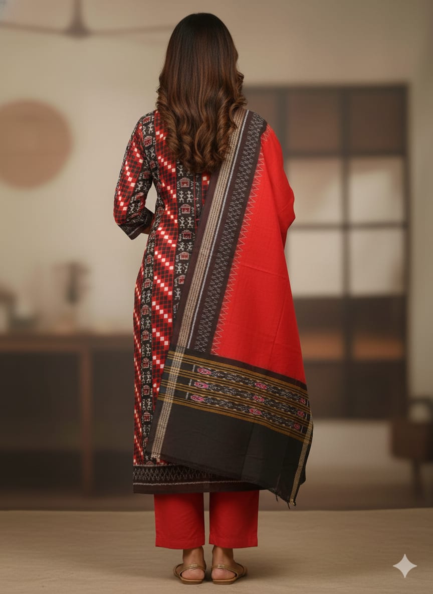 Red Black Pasapali And Tribal House Handwoven Odisha Ikat Unstitched Dress Material Set (Top 2.5m, Bottom 2m, Dupatta 2.5m)