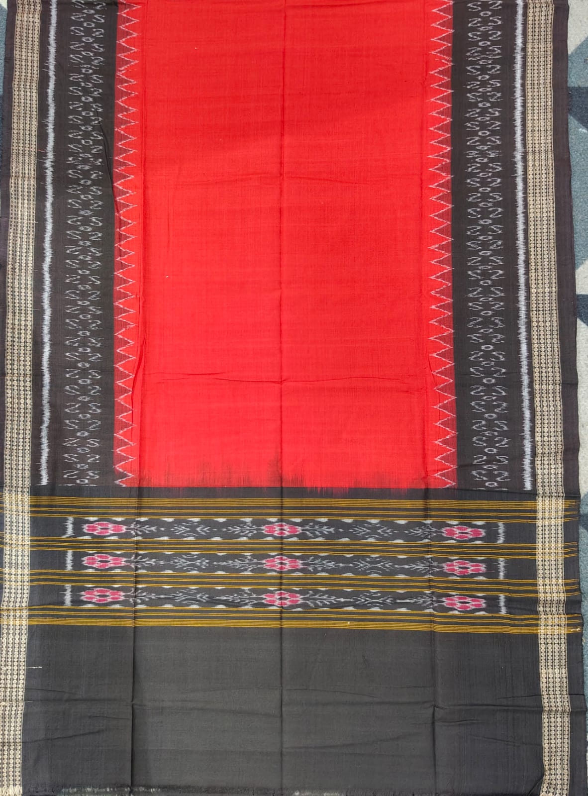Red Black Pasapali And Tribal House Handwoven Odisha Ikat Unstitched Dress Material Set (Top 2.5m, Bottom 2m, Dupatta 2.5m)