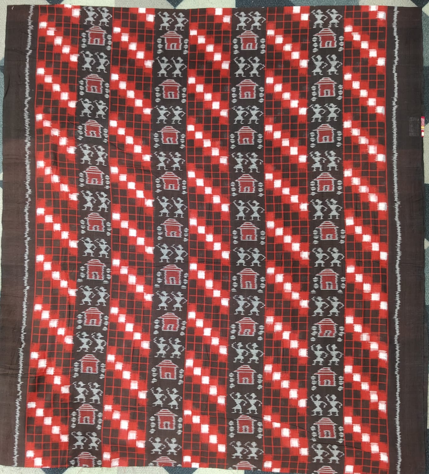 Red Black Pasapali And Tribal House Handwoven Odisha Ikat Unstitched Dress Material Set (Top 2.5m, Bottom 2m, Dupatta 2.5m)