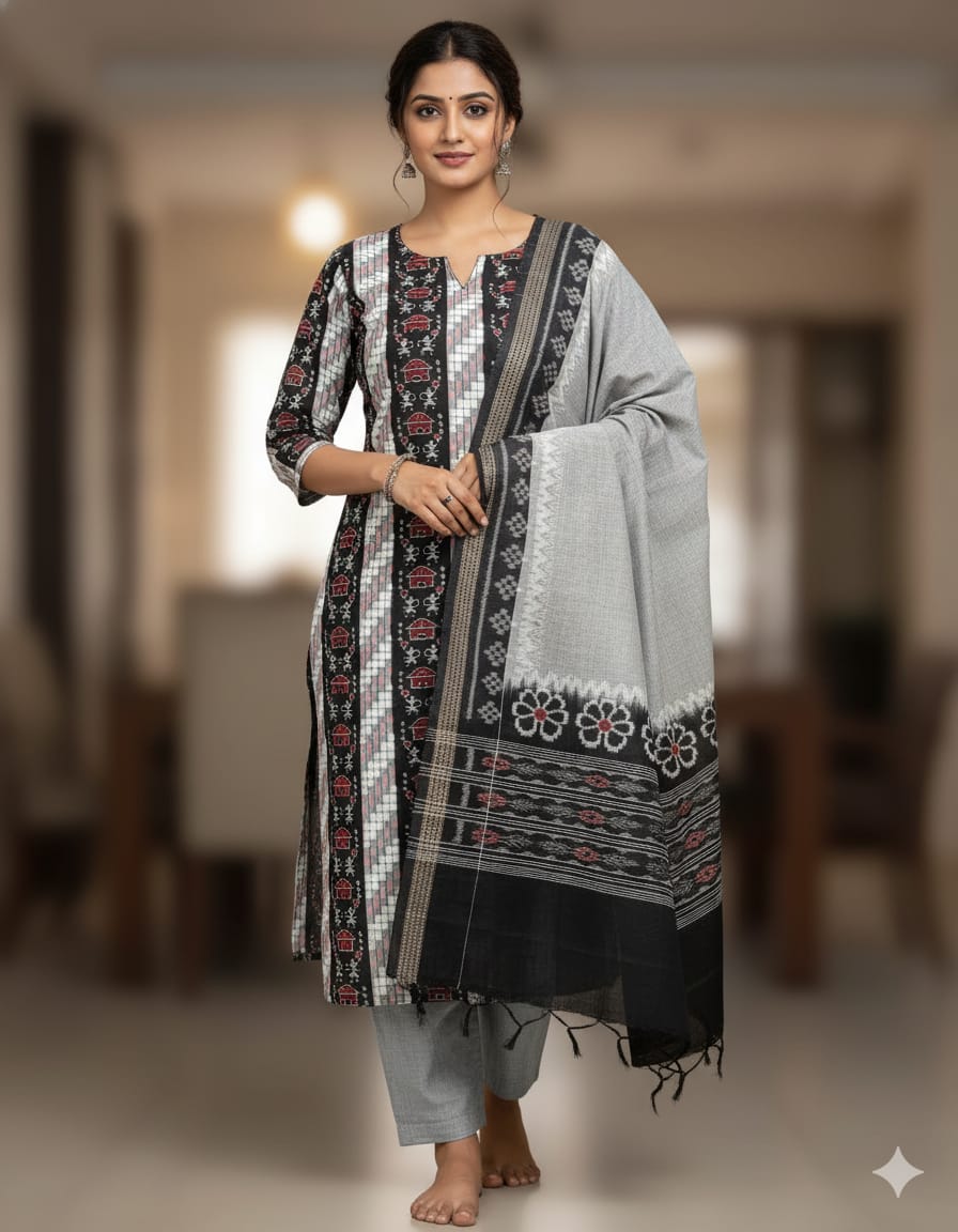 Black White Pasapali And Tribal House Handwoven Odisha Ikat Unstitched Dress Material Set (Top 2.5m, Bottom 2m, Dupatta 2.5m)