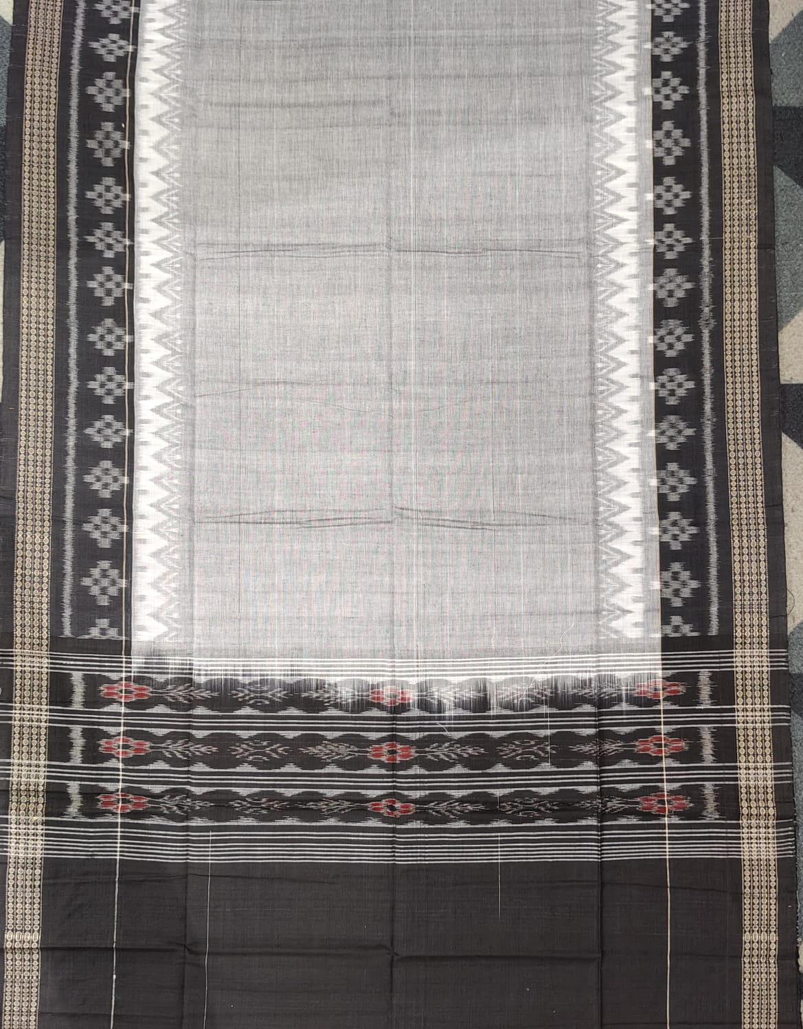 Black White Pasapali And Tribal House Handwoven Odisha Ikat Unstitched Dress Material Set (Top 2.5m, Bottom 2m, Dupatta 2.5m)