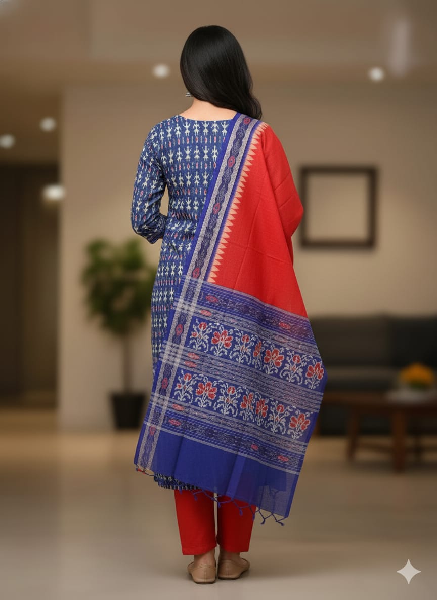 Blue Red Tribal Handwoven Odisha Ikat Unstitched Dress Material Set (Top 2.5m, Bottom 2m, Dupatta 2.5m)