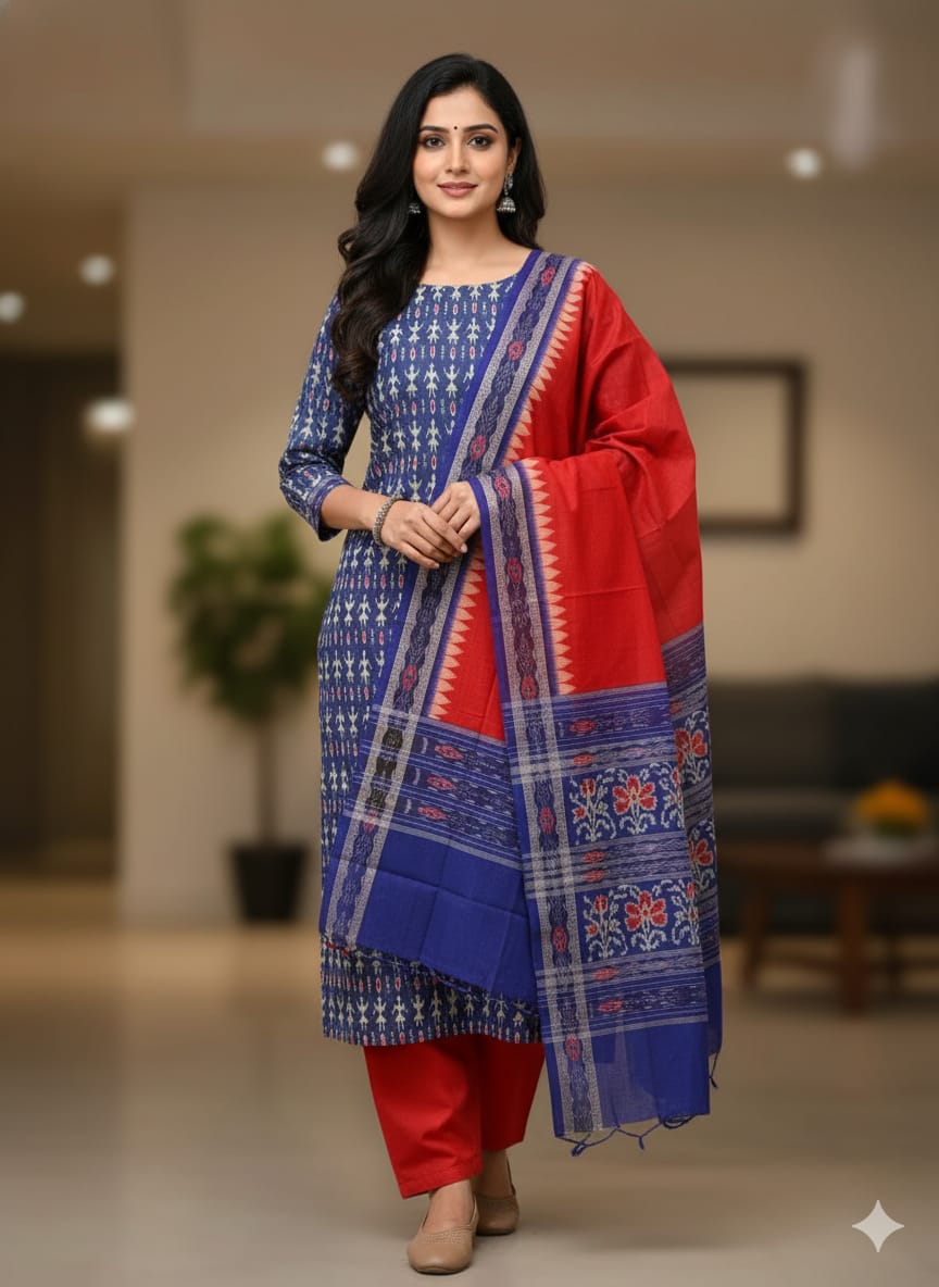 Blue Red Tribal Handwoven Odisha Ikat Unstitched Dress Material Set (Top 2.5m, Bottom 2m, Dupatta 2.5m)