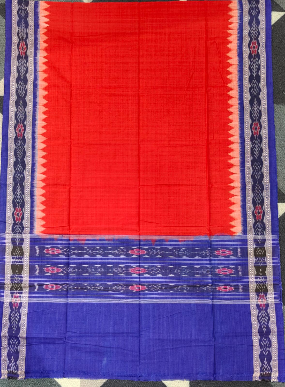Blue Red Tribal Handwoven Odisha Ikat Unstitched Dress Material Set (Top 2.5m, Bottom 2m, Dupatta 2.5m)