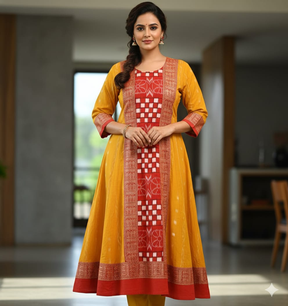 Yellow Red Ikat Pasapali And Flower Designer A-Line Anarkali