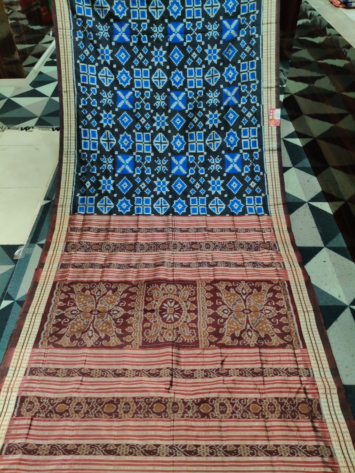 Black & Blue Maroon Pasapali Partly Odisha Handloom Sambalpuri Silk Saree