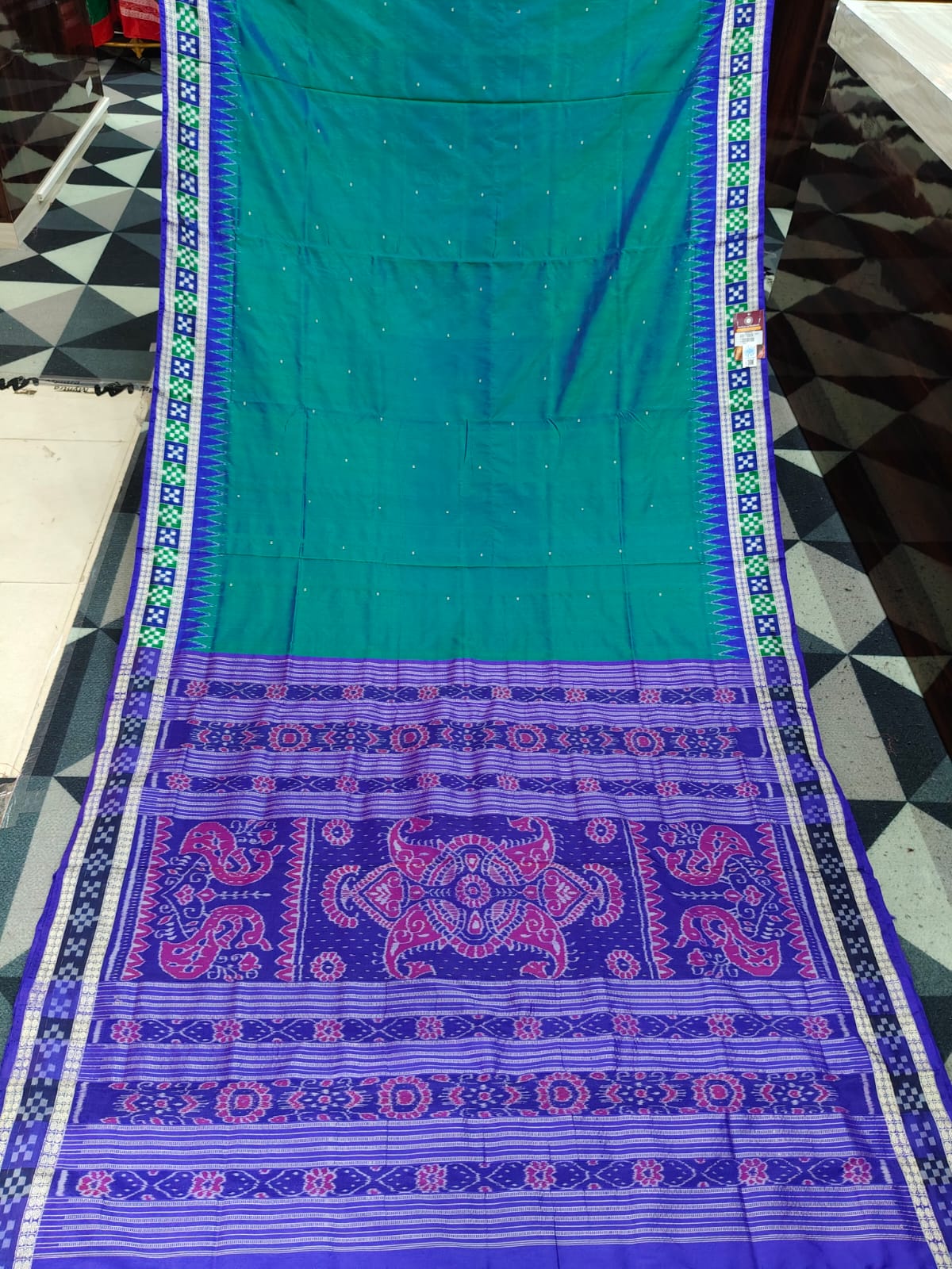 Dual Shade Green Blue Sakta Border Odisha Handloom Bomkai Silk Saree