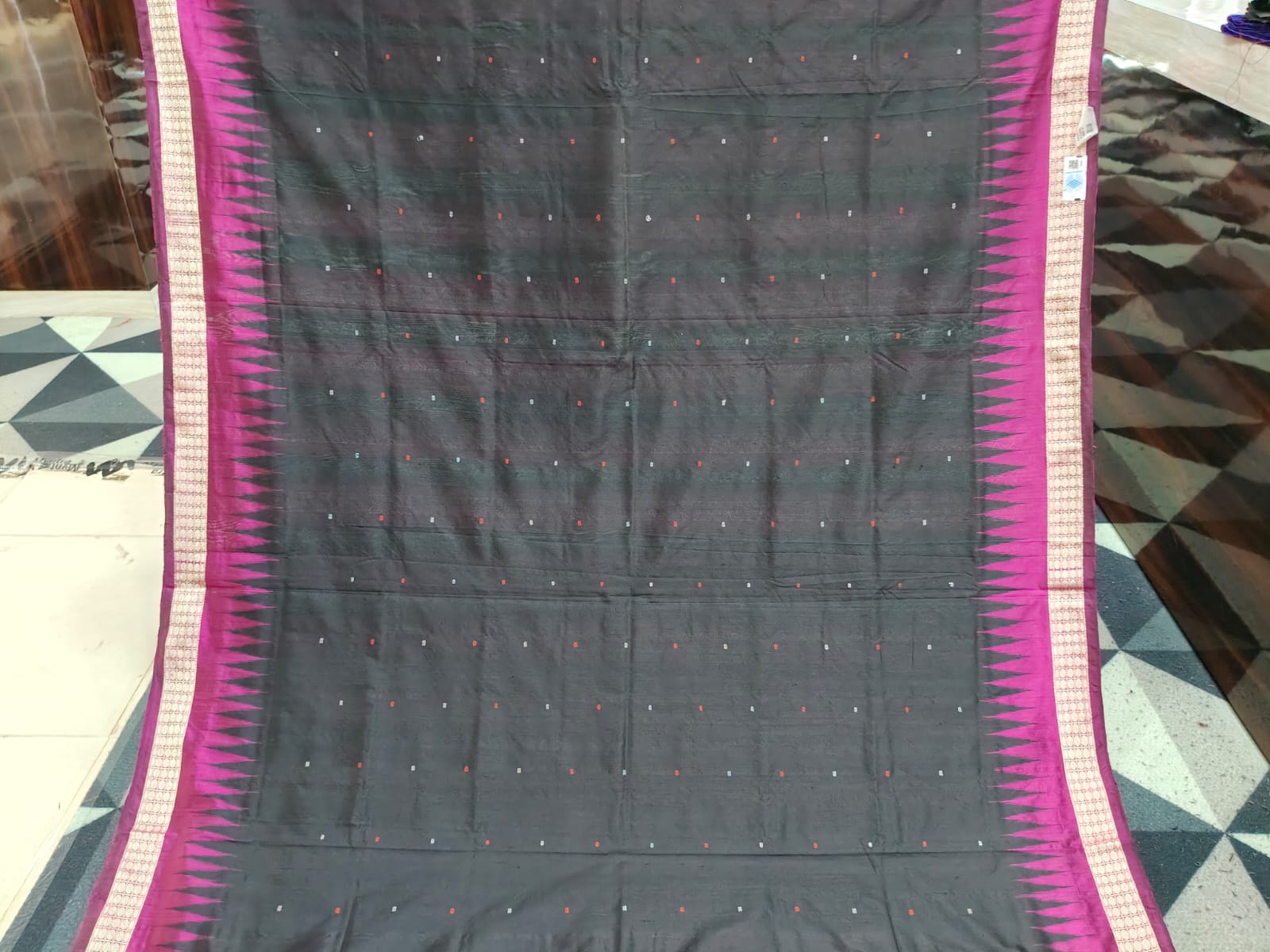 Black Magenta Mini Buti Partly Bomkai Silk Saree
