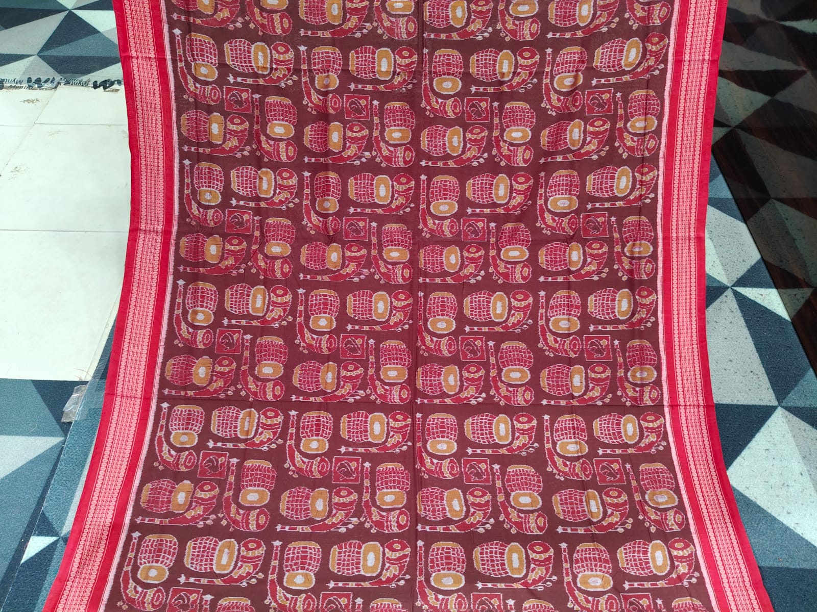 Maroon Red Musical Instrument Design  Sambalpuri Cotton Saree