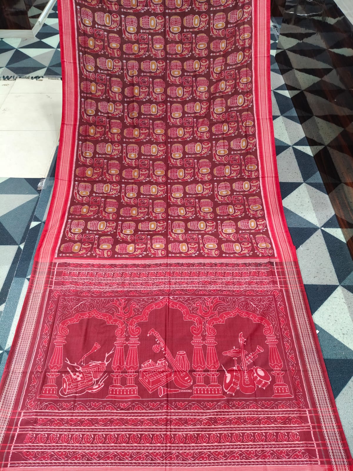 Maroon Red Musical Instrument Design  Sambalpuri Cotton Saree