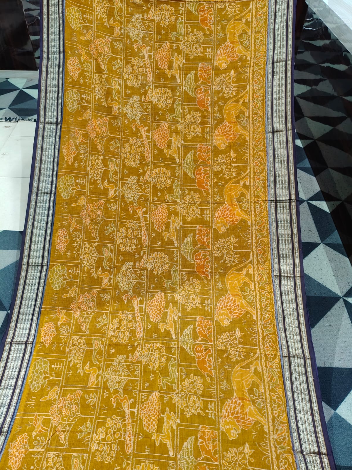 Mustard Yellow Coffee Jangal Design  Sambalpuri Cotton Saree