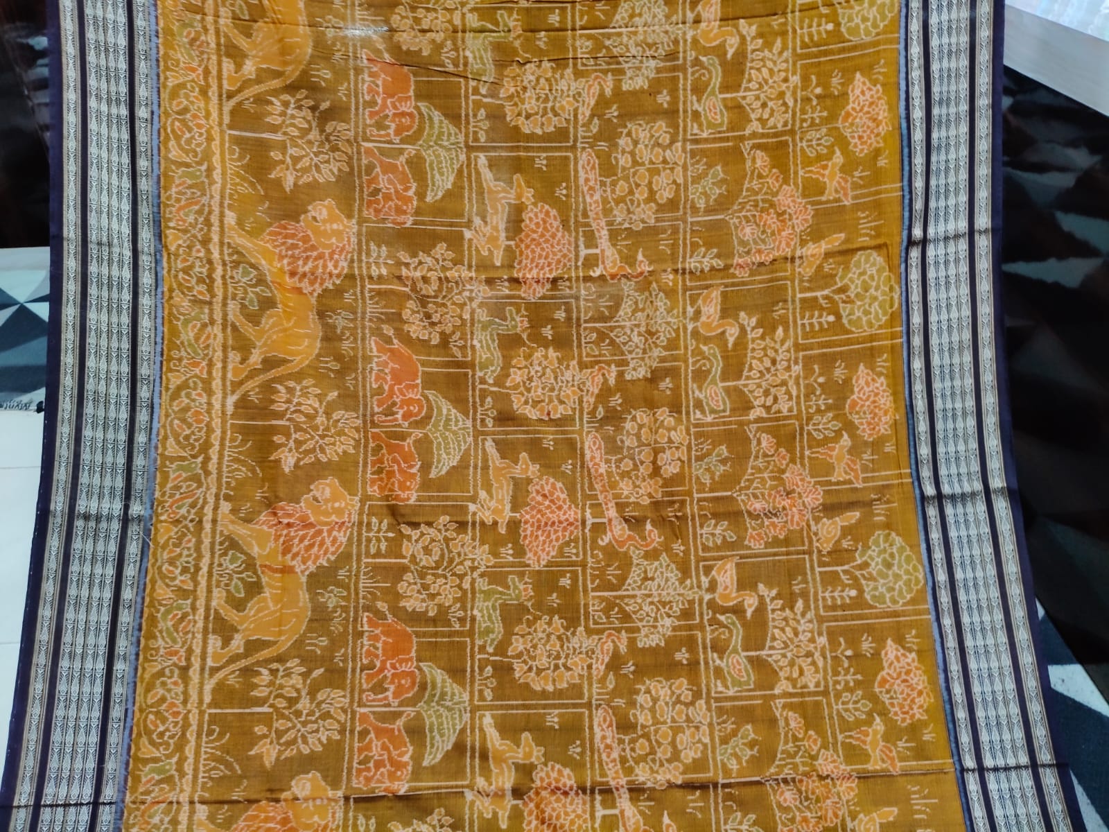 Mustard Yellow Coffee Jangal Design  Sambalpuri Cotton Saree