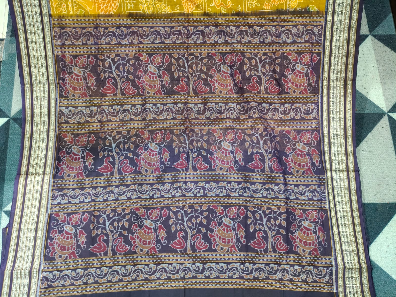 Mustard Yellow Coffee Jangal Design  Sambalpuri Cotton Saree