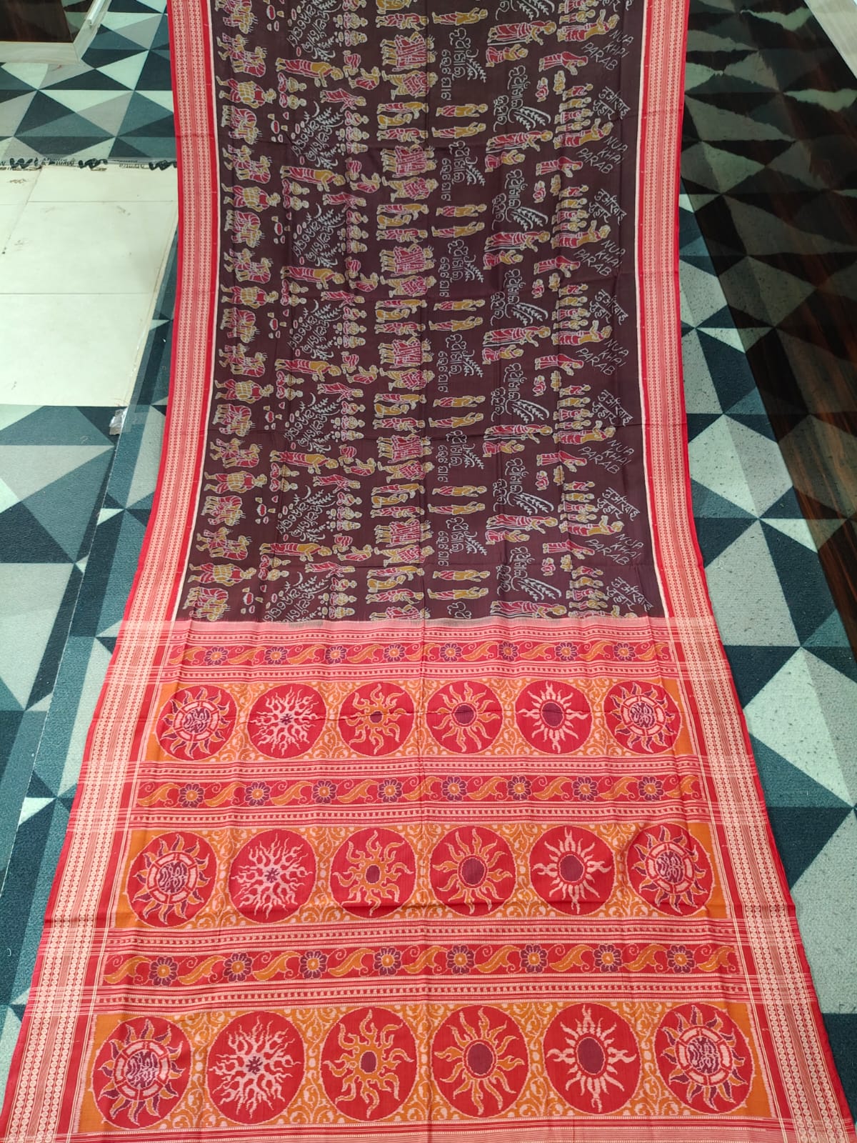 Coffee Red Nuakhai Juhar Design  Sambalpuri Cotton Saree