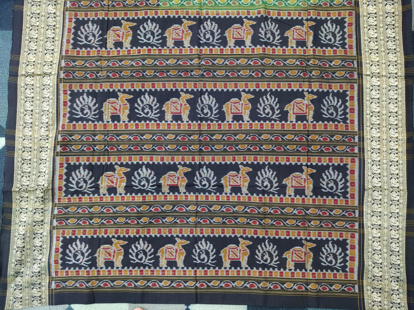 Green Black Scot Elephant Design  Sambalpuri Cotton Saree