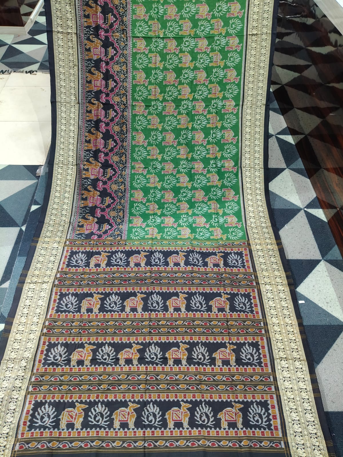 Green Black Scot Elephant Design  Sambalpuri Cotton Saree