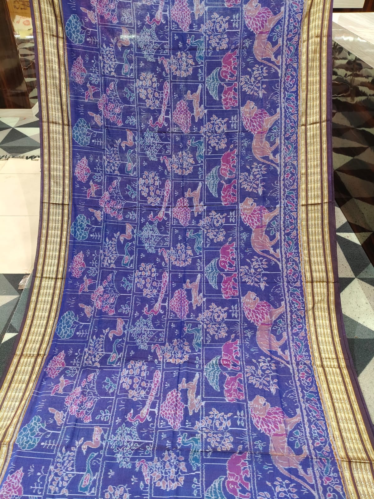 Blue Coffee Jangal Design  Sambalpuri Cotton Saree
