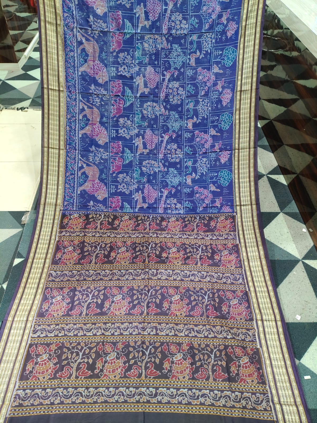 Blue Coffee Jangal Design  Sambalpuri Cotton Saree