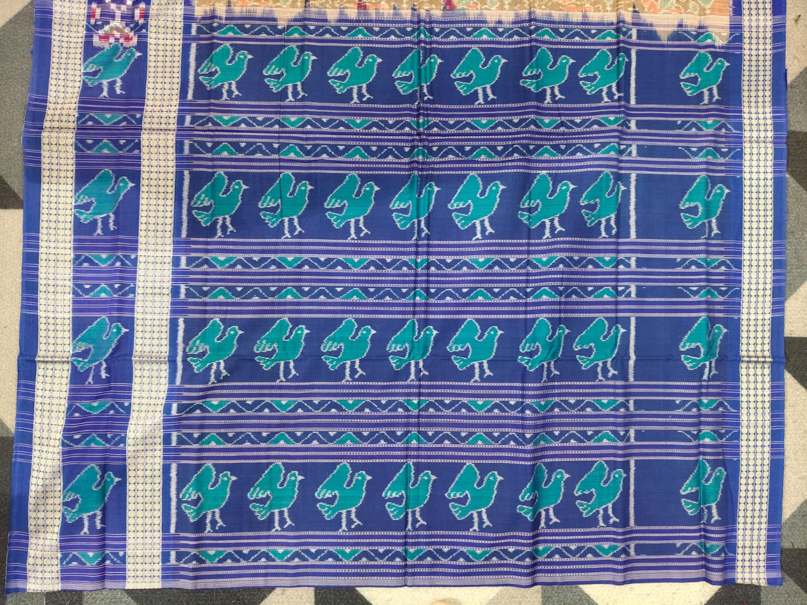 Off White Blue Tribal Tree & Birds Scot Pasapali  Design  Sambalpuri Cotton Saree