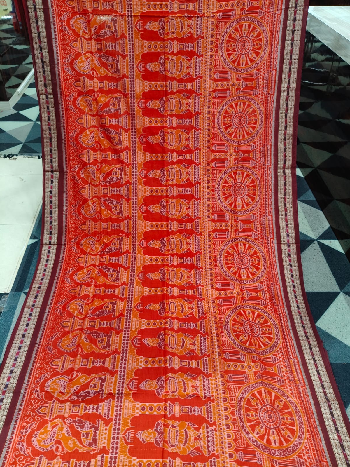 Red Maroon Konark Chakra & Dancer Design  Sambalpuri Cotton Saree