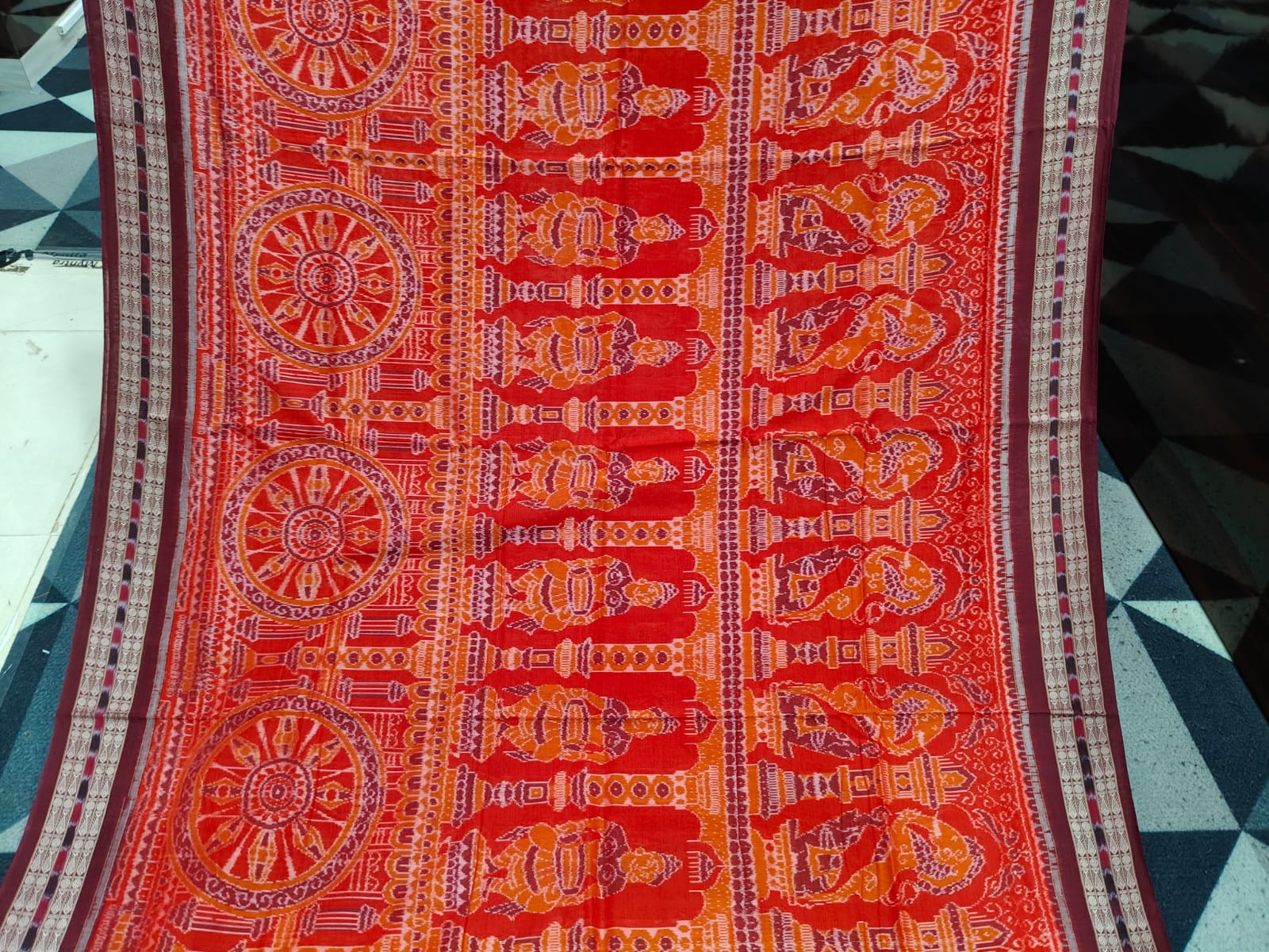 Red Maroon Konark Chakra & Dancer Design  Sambalpuri Cotton Saree