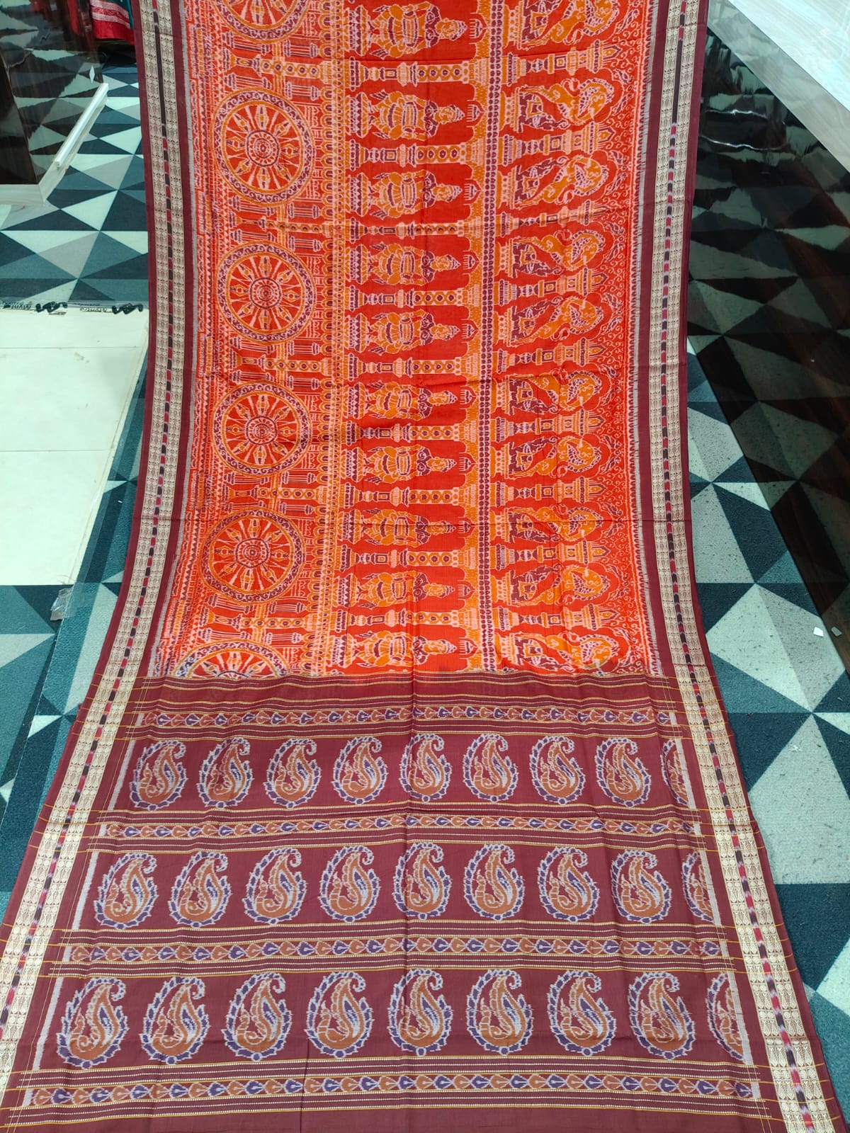 Red Maroon Konark Chakra & Dancer Design  Sambalpuri Cotton Saree