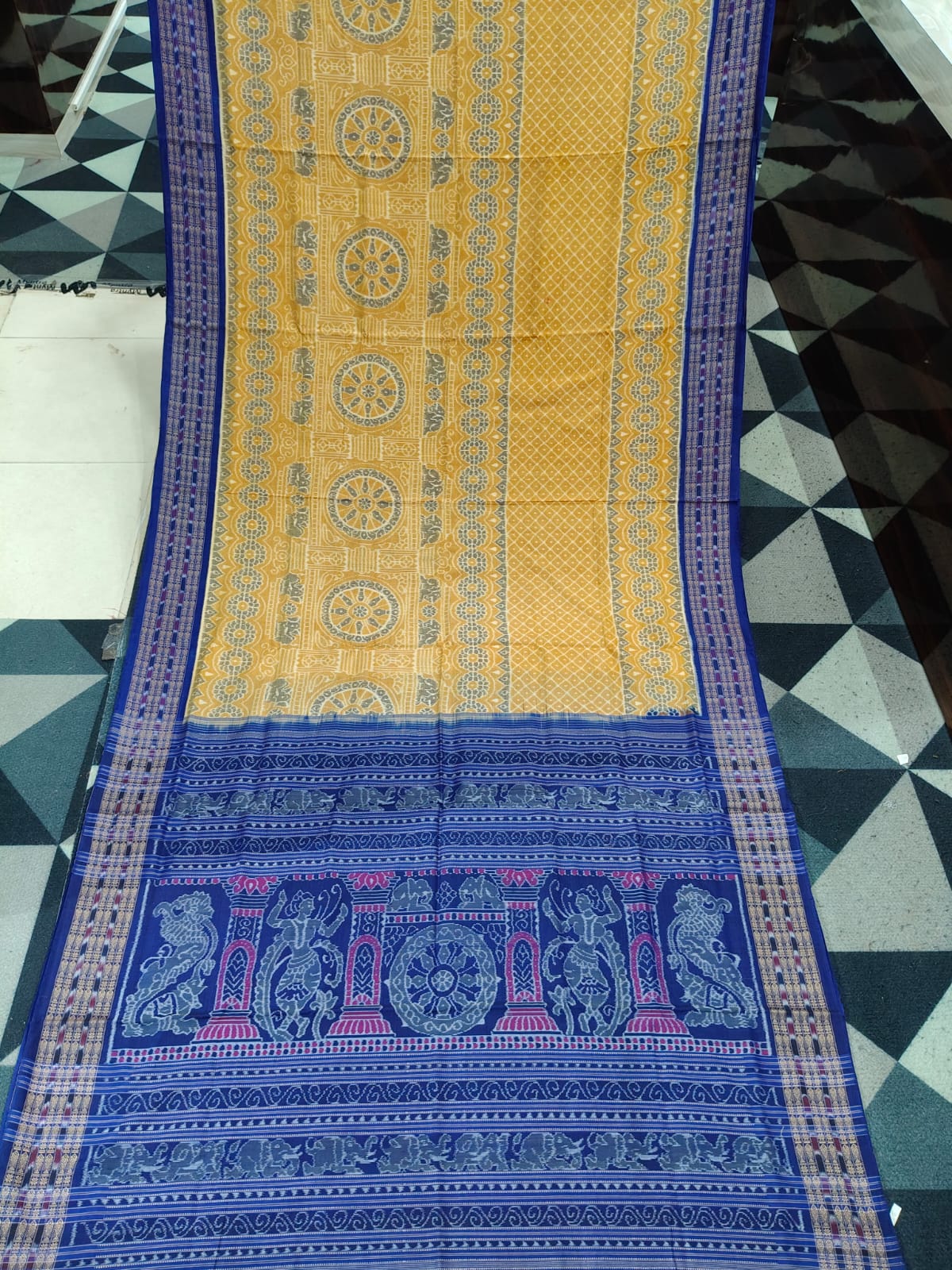 Mustard Yellow Blue Konark Chakra Sambalpuri Cotton Saree