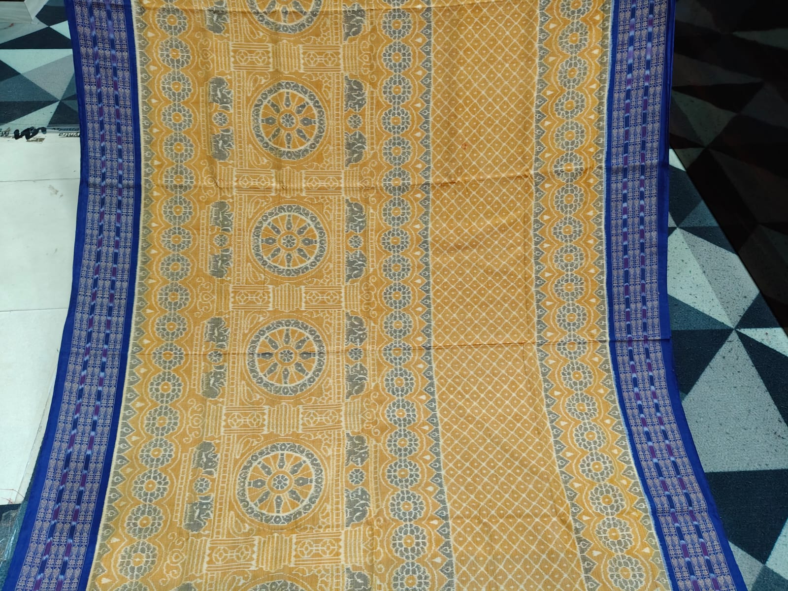Mustard Yellow Blue Konark Chakra Sambalpuri Cotton Saree
