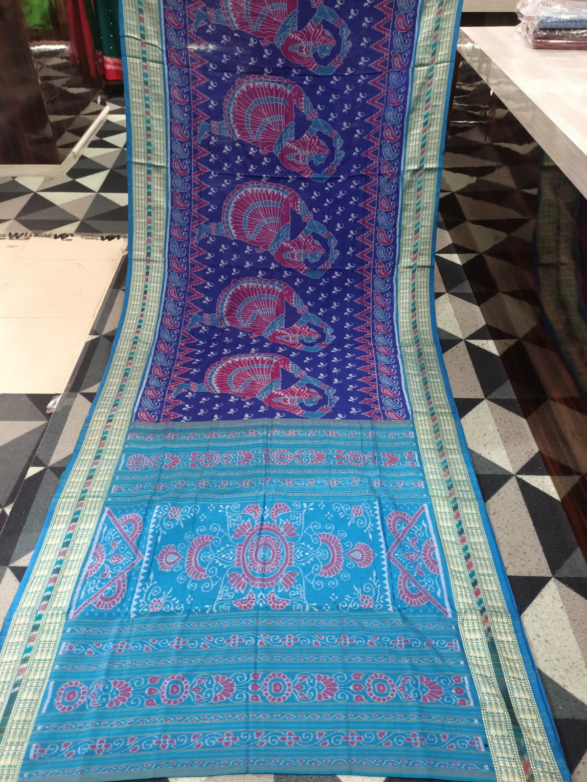 Blue Rama Green Dancer Design Sambalpuri Cotton Saree