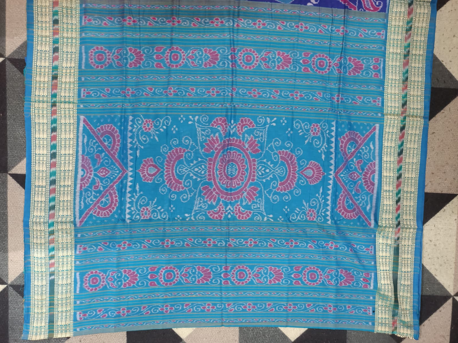 Blue Rama Green Dancer Design Sambalpuri Cotton Saree