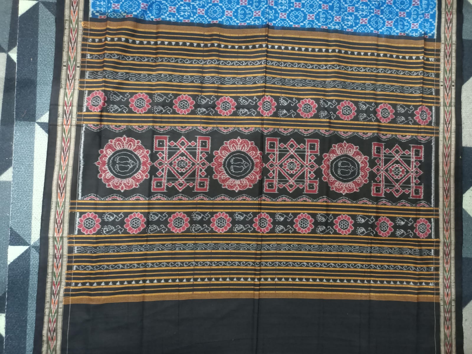 Copper Sulphate Black Flower & Laxmi  Yantra Anchal Design Sambalpuri Cotton Saree