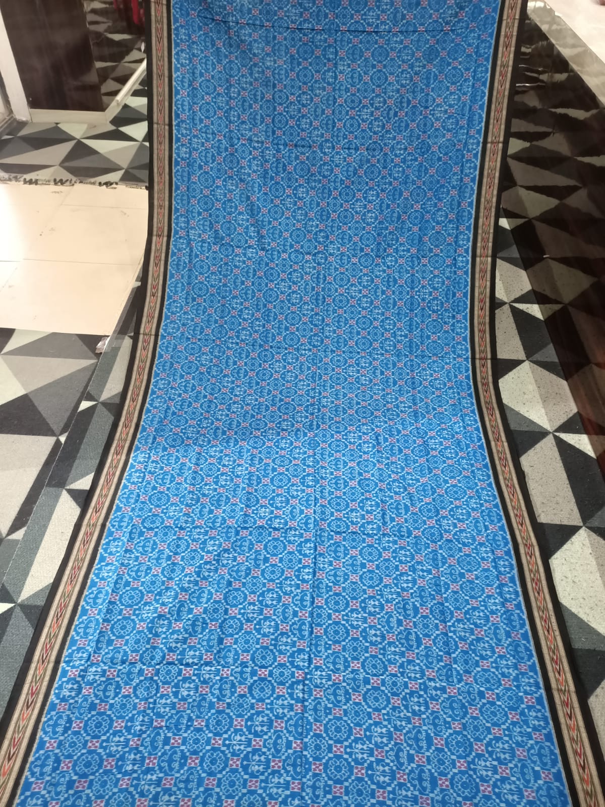 Copper Sulphate Black Flower & Laxmi  Yantra Anchal Design Sambalpuri Cotton Saree