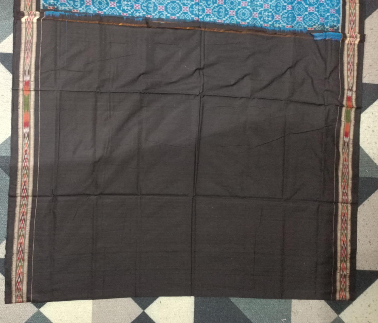 Copper Sulphate Black Flower & Laxmi  Yantra Anchal Design Sambalpuri Cotton Saree