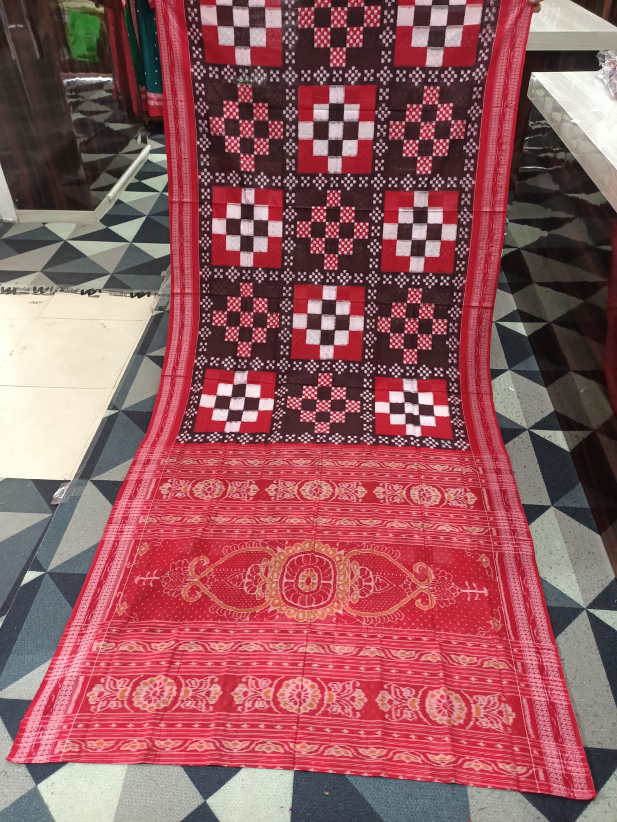Black Red White Pasapali Sambalpuri Cotton Saree